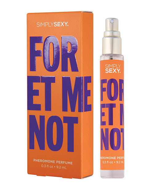 Simply Sexy Pheromone Perfume bottle shown next to the cardboard box that it comes in. The perfume is in a very tall, thin spritz bottle. It's 0.3oz in size. | Kinkly Shop
