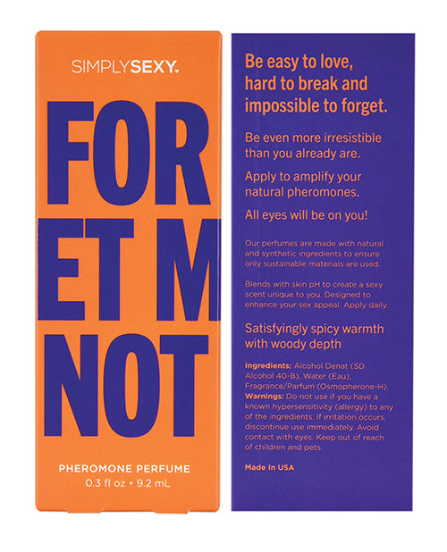 Backside of the packaging of the Forget Me Not Simply Sexy Pheromone Perfume. It's described as satisfyingly spicy warmth with woody depth. | Kinkly Shop
