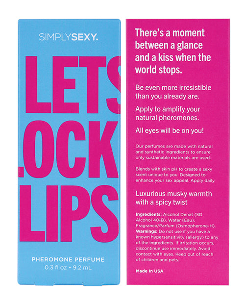 Backside of the packaging of the Let's Lock Lips Simply Sexy Pheromone Perfume. It's described as luxurious musky warmth with a spicy twist. | Kinkly Shop
