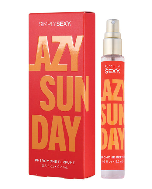 Simply Sexy Pheromone Perfume bottle shown next to the cardboard box that it comes in. The perfume is in a very tall, thin spritz bottle. It's 0.3oz in size. | Kinkly Shop