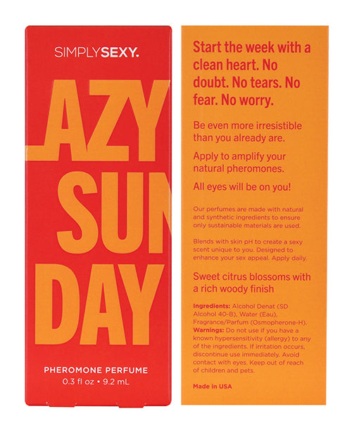Backside of the packaging of the Lazy Sunday Simply Sexy Pheromone Perfume. It's described as a sweet citrus blossom with a rich, woody finish. | Kinkly Shop