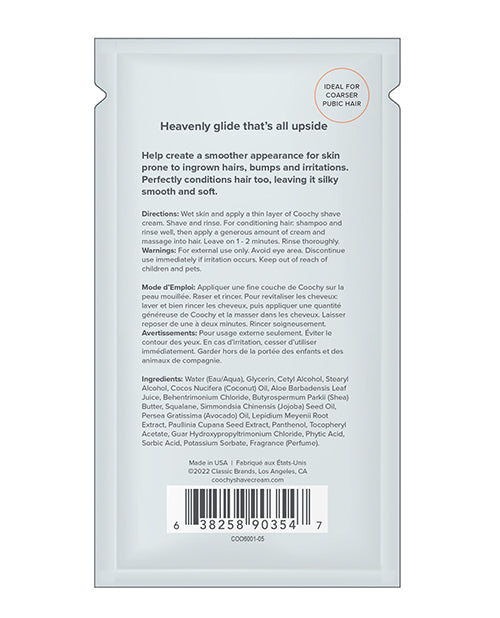 Backside of the sample packet of the Coochy Ultra Hydrating Shave Cream | Kinkly Shop