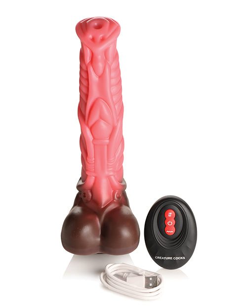 The Creature Cocks Thrusting Centaur with Remote Control shown next to everything it comes with. There's the dildo itself, the remote, and the charging cable. | Kinkly Shop