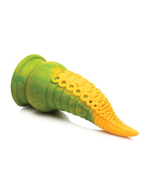 The Creature Cocks Monstropus 2.0 Vibrating shown pointing towards the camera, showcasing how small in diameter the dildo is and how it gains in thickness as you go down the shaft. | Kinkly Shop