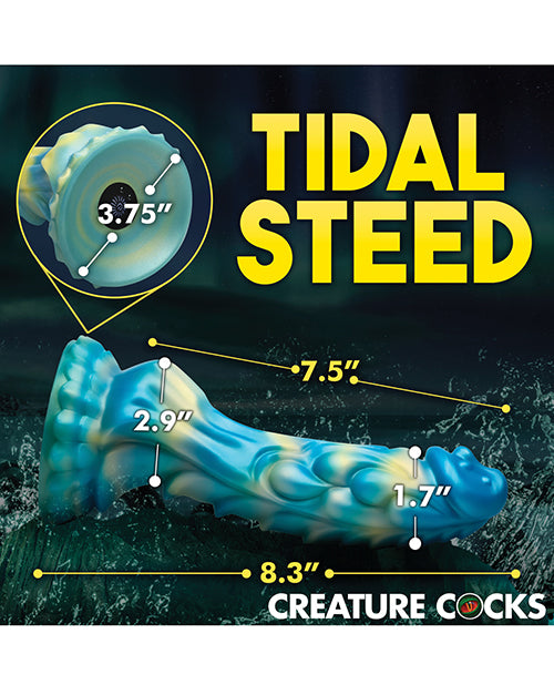The Creature Cocks Sea Stallion with Remote with measurements superimposed over the dildo. All measurements are included within the product description text itself. | Kinkly Shop
