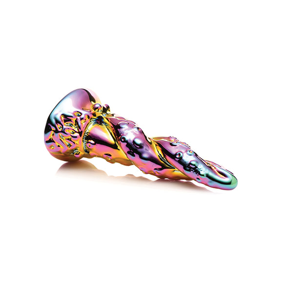 The Creature Cocks Enchantress laying on its side. It does not bend in the slightest as it's made from glass. It looks very firm and rigid. | Kinkly Shop