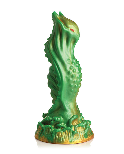 Side view of the Creature Cocks Nebula. This showcases the wavey texture all along the vertical shaft as well as the bumps and nodules around the middle. This dildo is very uniquely textured. | Kinkly Shop