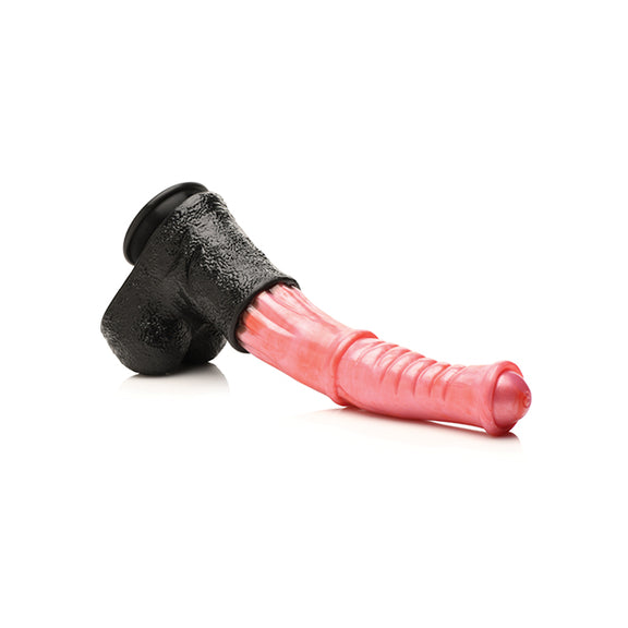 The Creature Cocks Giant Centaur XL laying flat on a surface. The dildo curves in around mid-shaft, showcasing that the tip of the dildo has a lot of flexibility to curve internally where it will be most pleasurable. | Kinkly Shop