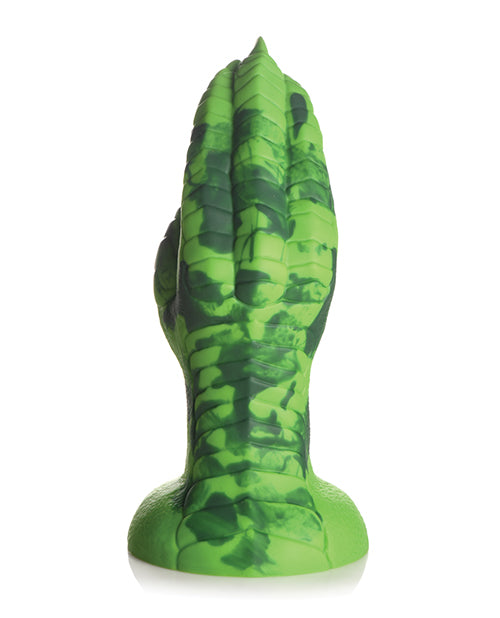 Backside of the Creature Cocks Raptor Claw "hand" showcases the scaly texture all along the dildo's length as well as the realistic "hand" shape that event includes additional diameter due to the thumb. | Kinkly Shop