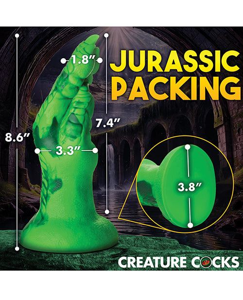 Creature Cocks Raptor Claw with measurements superimposed over the photo of the dildo. It is a very, very large dildo. | Kinkly Shop