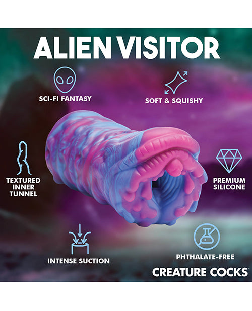 The Creature Cocks Cyclone Alien shown next to icons and text that describe its features. Text includes: Sci-fi fantasy, Textured inner tunnel, Intense suction, Soft and squishy, Premium silicone, Phthalate-free. | Kinkly Shop