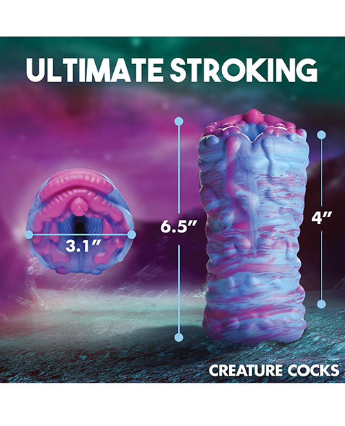 The Creature Cocks Cyclone Alien shown with measurements superimposed on top of it. All measurements are included within the text link description of the stroker. | Kinkly Shop