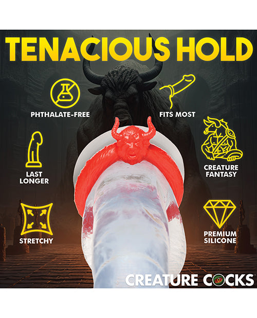 The Creature Cocks Beast Mode worn on a clear dildo with icons and text surrounding it to showcase its features. Text reads: Tenacious hold. Phthalate free. Last longer. Stretchy. Fits most. Creature fantasy. Premium silicone | Kinkly Shop