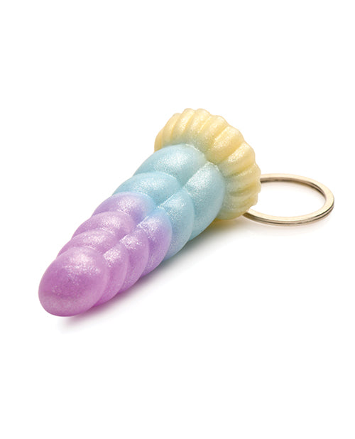 Close up of the shaft of the Creature Cocks Mystique Unicorn Key Chain. It has a ripped texture that looks like a unicorn horn with the same beautiful spring-color ombre along the shaft. | Kinkly Shop