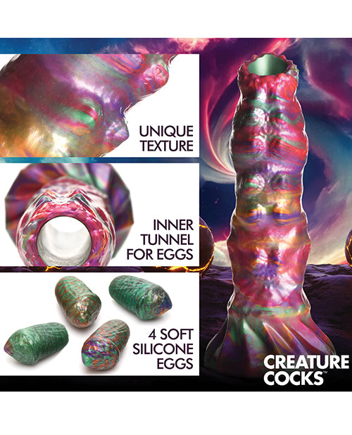 Collage of images shows off different features of the Creature Cocks Larva Ovipositor with Eggs including the unique texture, inner tunnel for eggs, and the included 4 soft silicone eggs. | Kinkly Shop