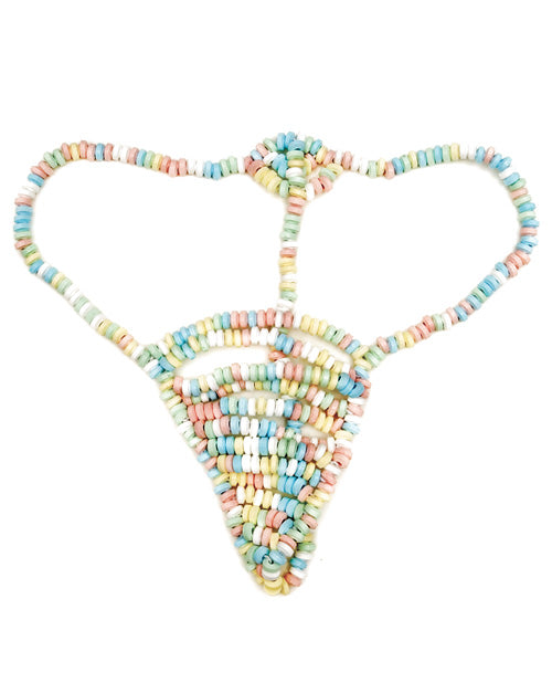 The Candy G-String panty laid flat against a white background. It is a g-string thong design with candies on every inch of the panty including the straps. | Kinkly Shop
