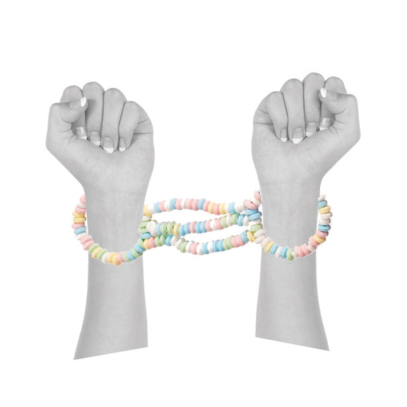 Two hands are wearing the Candy Cuffs. The cuffs look stretchy and tasty between the wrists. | Kinkly Shop