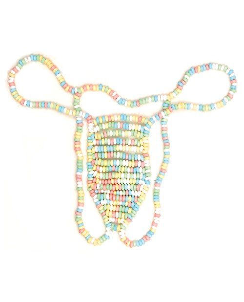 The Candy Posing Pouch in front of a plain white background. The underwear has a jockstrap-style design with a larger "pouch" for the penis and balls to hide behind. The entire "underwear" is made from candy. | Kinkly Shop