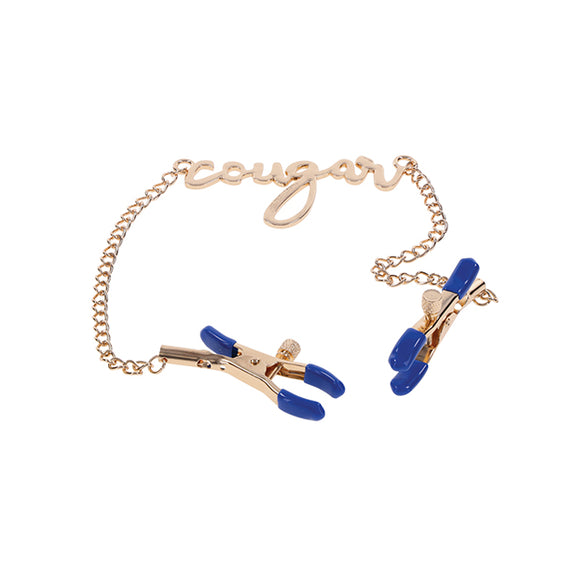 Close-up on the blue rubber-tips of the Sportsheets Cougar Nipple Clamps, offering a beautiful contrast from the gold metal of the rest of the clamps. | Kinkly Shop
