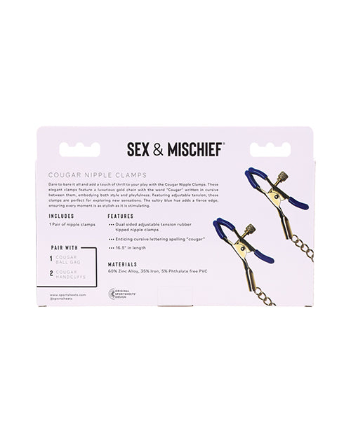 Backside of the packaging for the Sportsheets Cougar Nipple Clamps | Kinkly Shop