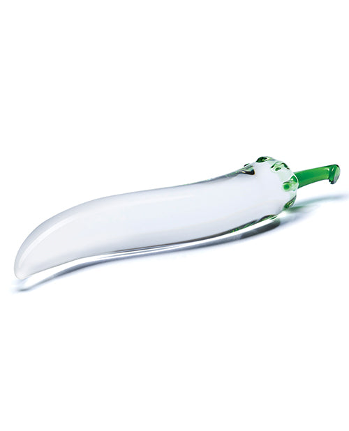 Close-up of the tip of the Glas Chili Pepper. The dildo has a very tapered tip that looks realistic to a very slender hot pepper vegetable. | Kinkly Shop