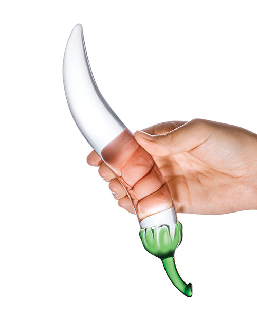 A hand holds the Glas Chili Pepper. It looks particularly slender - noticeably slimmer than two fingers' width. | Kinkly Shop