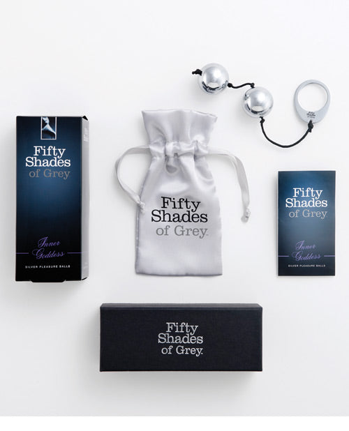Everything included with the Fifty Shades of Grey Inner Goddess Kegel Balls. There's the instruction manual, box, kegel balls, and a silver drawstring storage bag. | Kinkly Shop