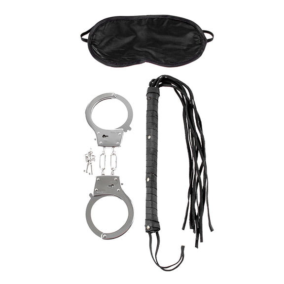 Everything included in the Lover's Fantasy Kit. There's the blindfold, whip, and metal handcuffs. | Kinkly Shop