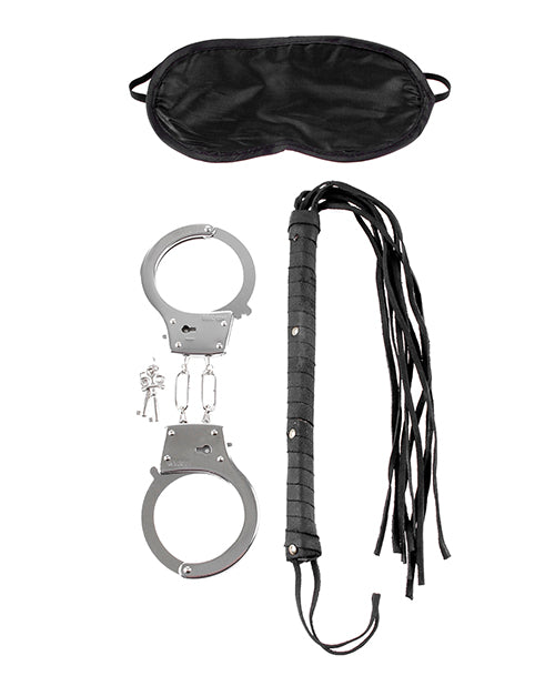 Everything included in the Lover's Fantasy Kit. There's the blindfold, whip, and metal handcuffs. | Kinkly Shop