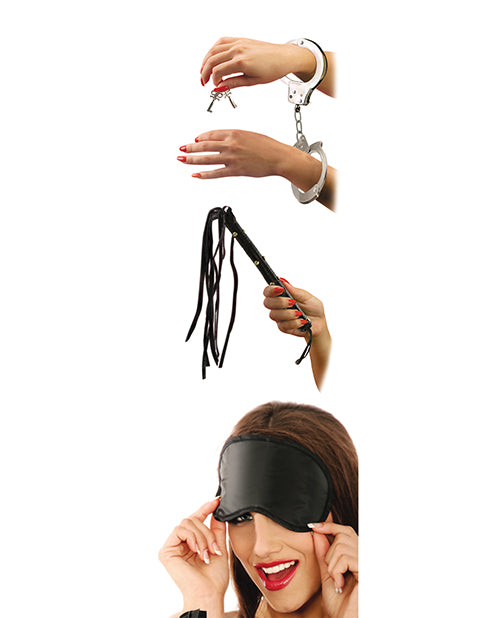 Collage of images shows a person wearing the included blindfold, a person holding the included whip, and a person wearing the included handcuffs in the Lover's Fantasy Kit | Kinkly Shop