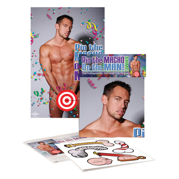 Everything included in the Pin the Macho On the Man Game including a large poster, multiple penises to pin on him, and the packaging that it all comes in. | Kinkly Shop