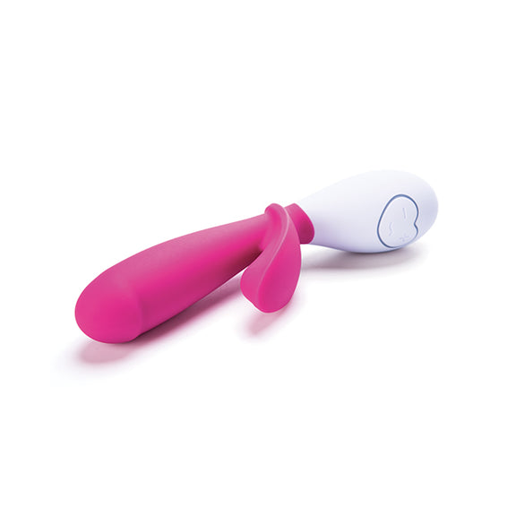 The OhMiBod Lovelife Snuggle laying on its side, showcasing the thick shaft and the clitoral arm in addition to the heart-shaped control panel at the base. | Kinkly Shop