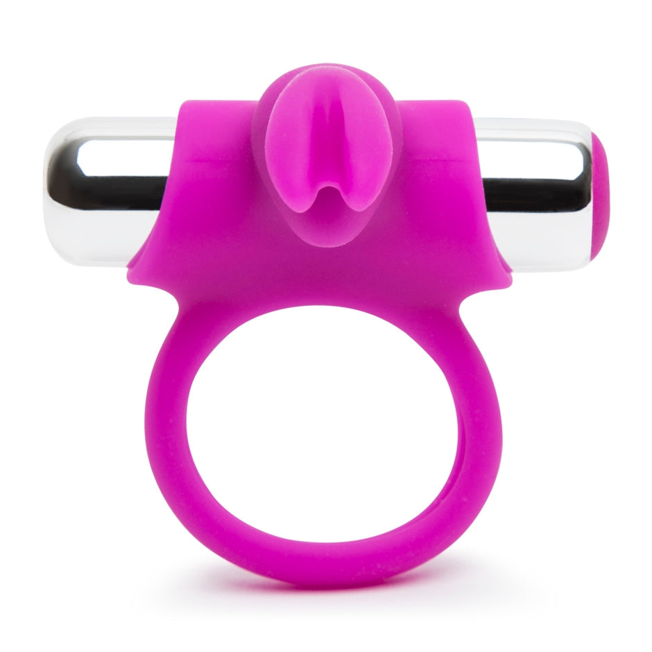 Top-down view of the unique design of the Happy Rabbit Remote Control Ring that has a separate, removable bullet vibrator that can be taken out from the silicone cock ring design itself. | Kinkly Shop
