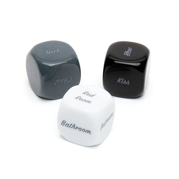 All three dice of the Fifty Shades of Grey Kinky Dice set. | Kinkly Shop