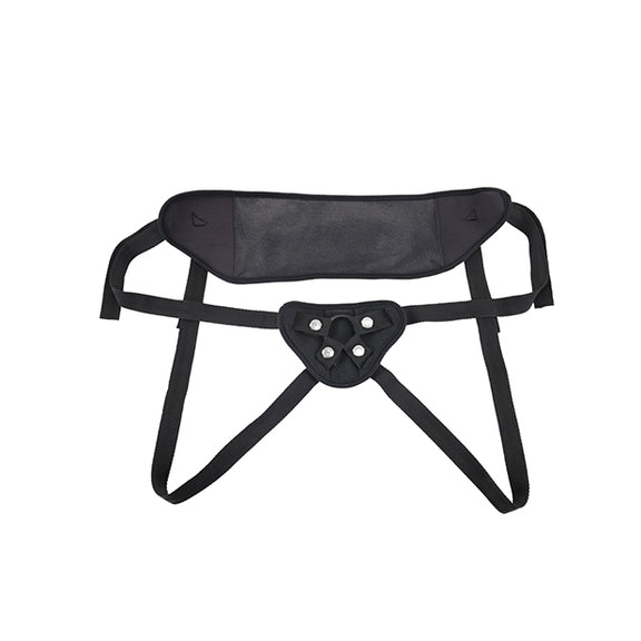 The Sportsheets Breathable Mesh Harness laid flat on a plain white surface. The harness has a very wide, padded back panel with a smaller, padded front panel. It's a jock-strap style harness. | Kinkly Shop