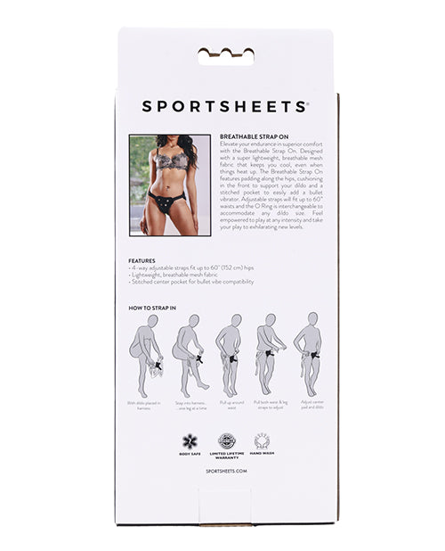 Backside of the packaging of the Sportsheets Breathable Mesh Harness | Kinkly Shop