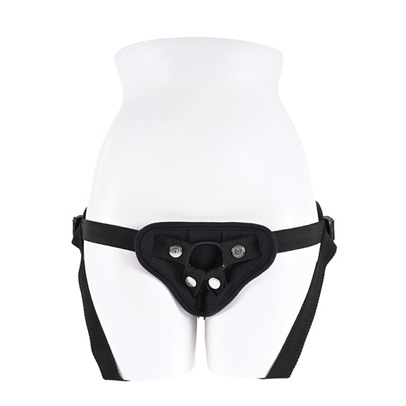 The Sportsheets Breathable Mesh Harness worn on a mannequin. It has full coverage in the front, worn low on the hips, with adjustable hip straps via the nylon straps and adjustable strap buckles. | Kinkly Shop