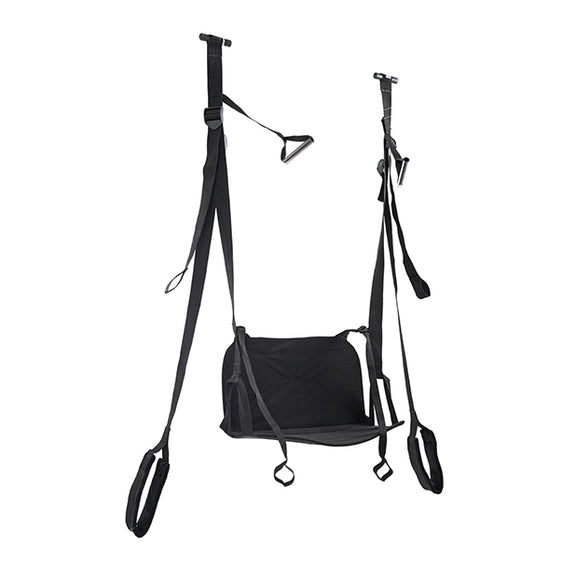 The Sportsheets Pivot Deluxe Door Jam Sex Sling shown how it would hang with the door photoshopped out of the photo. The swing has a literal "seat" to sit in with two hand handles as well as two feet stirrupts for comfort. | Kinkly Shop