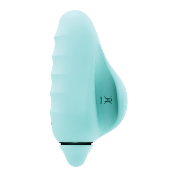Side view of the VeDo Vivi Finger showcases the rippled texture along the usable side of the vibrator. It would provide a bit of extra stimulation when rubbed on the skin. | Kinkly Shop