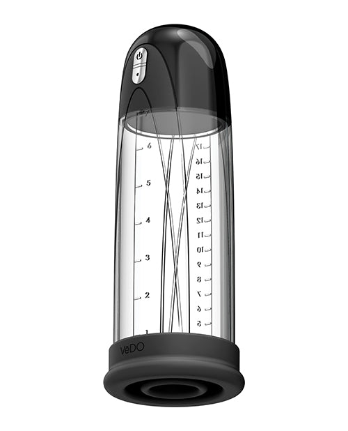 The VeDO Pump Rechargeable in front of a plain white background. The pump cylinder is clear, allowing you to see the measurements printed on the sides of the chamber for easy progress viewing. | Kinkly Shop