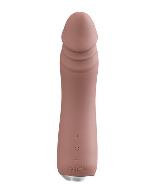 Top-down view of the VeDO Rialto showcases the circumsized head with multiple ripples of skin layering in addition to the three buttons at the base of the insertable length that control the vibrations. | Kinkly Shop