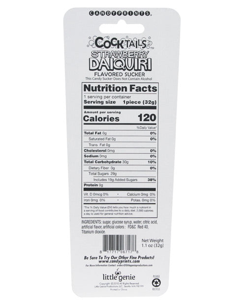 Nutritional information panel for the Cocktails Flavored Sucker. Each sucker has 120 calories. | Kinkly Shop