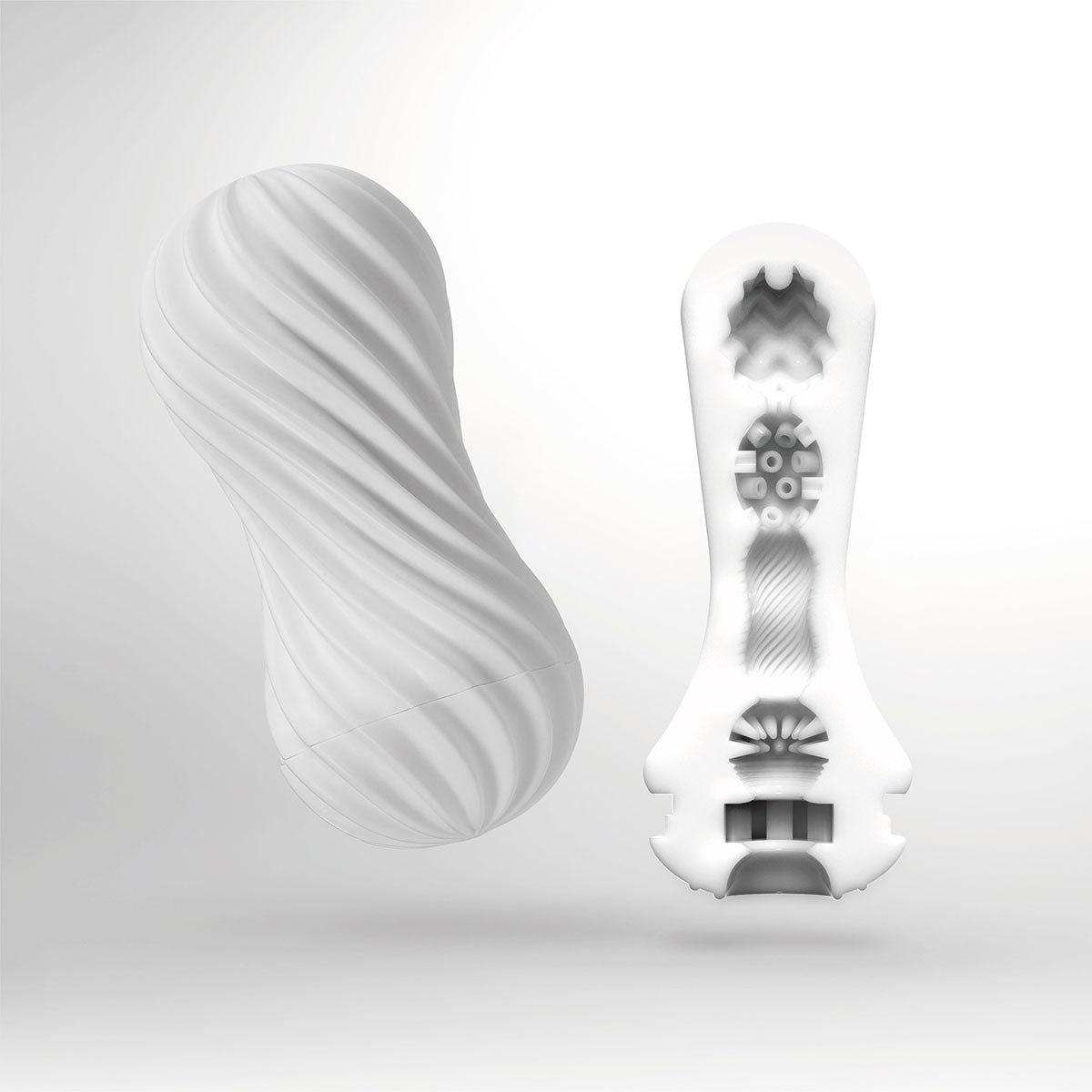 The TENGA Flex shown with a cross-section of the internal texture that's inside this color. This is the White Tenga Flex. | Kinkly Shop