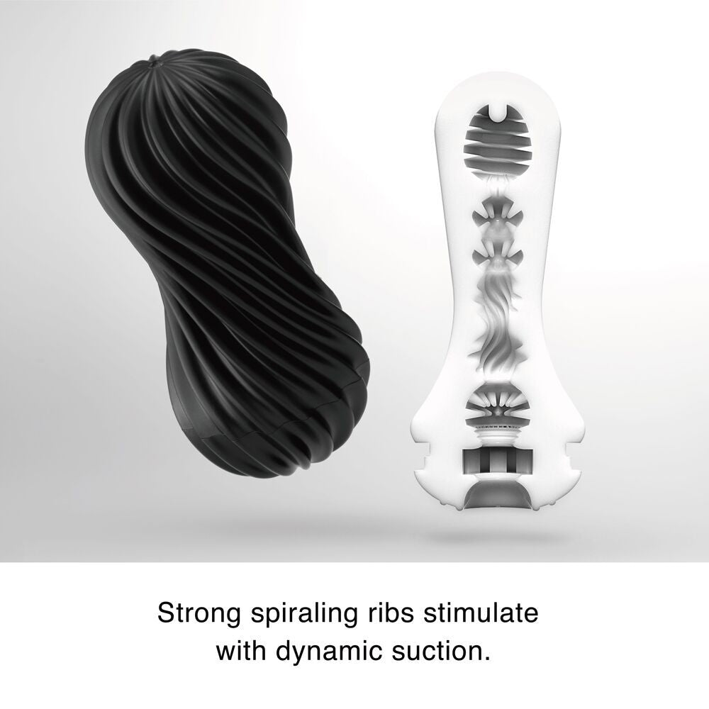The TENGA Flex shown with a cross-section of the internal texture that's inside this color. This is the Black Tenga Flex. | Kinkly Shop