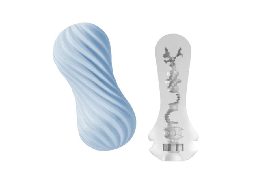 The TENGA Flex shown with a cross-section of the internal texture that's inside this color. This is the Blue Tenga Flex. | Kinkly Shop