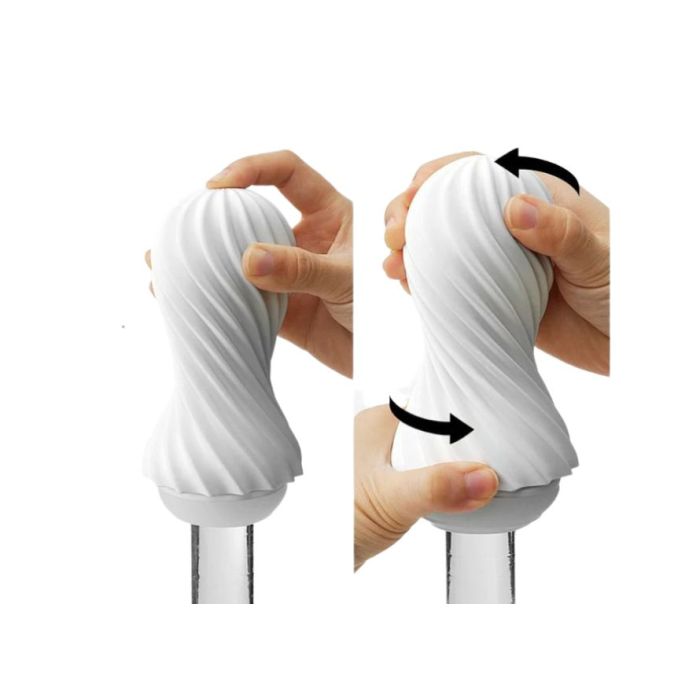 Collage of two images. In one, a hand is shown covering the suction hole at the tip to make the suction more intense inside of the TENGA Flex. In the other, two hands are shown twisting the toy sideways, making for a twisting motion unlike any other Tenga toy. | Kinkly Shop