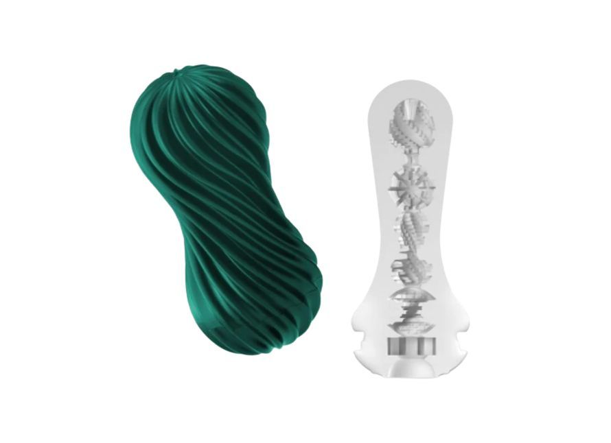 The TENGA Flex shown with a cross-section of the internal texture that's inside this color. This is the Green Tenga Flex. | Kinkly Shop