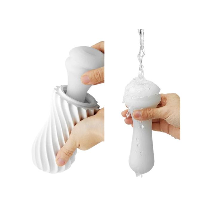 Collage of two images. In one, a hand removes the TENGA Flex from its outermost shell, taking out only the TPE sleeve. In the second, the hand is holding the TPE sleeve under running water for cleaning. | Kinkly Shop
