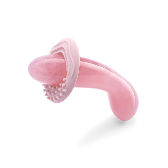 The Le Wand Crystal G in Rose shown with the optional, included silicone texture ring shown at one end. This textured silicone ring adds external stimulation at the entrance when fully inserting the dildo. | Kinkly Shop