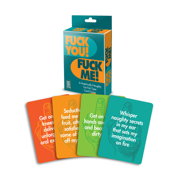 Some example cards from F*ck You, F*ck Me shown in front of the card-sized box the cards are stored in | Kinkly Shop